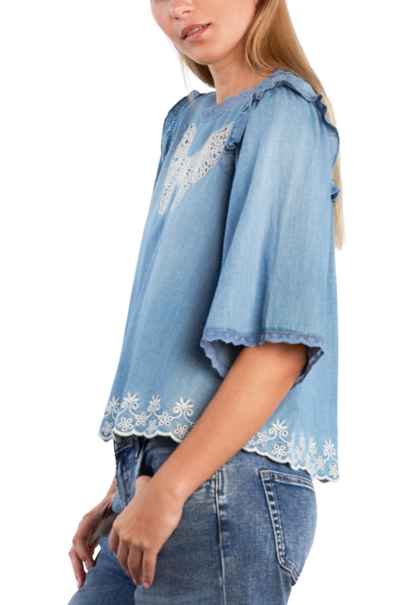 Billy T Lady Butterfly Lace Trim Chambray Top, Alternate, color, 