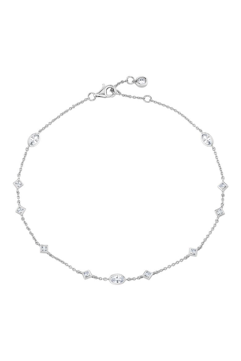 Princess & Oval Cubic Zirconia Station Chain Anklet, Main, color, PURE PLATINUM / CLEAR STONE