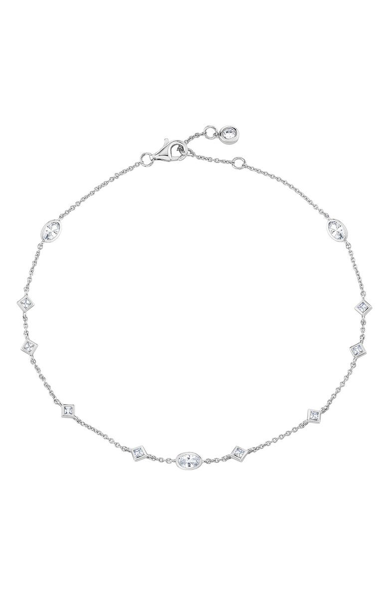 Crislu Princess & Oval Cubic Zirconia Station Chain Anklet, Main, color, Pure Platinum / Clear Stone