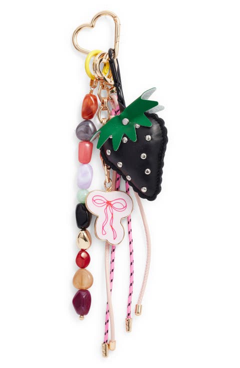 Strawberry & Bow Beaded Faux Leather Bag Charm