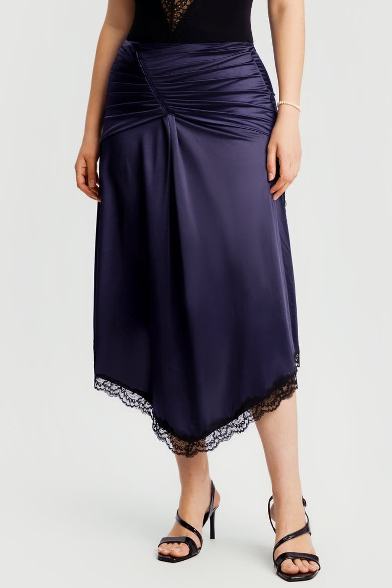 Built In Shapewear Satin Ruched Mermaid Skirt with Lace Trim, Alternate, color, Cambridge Blue
