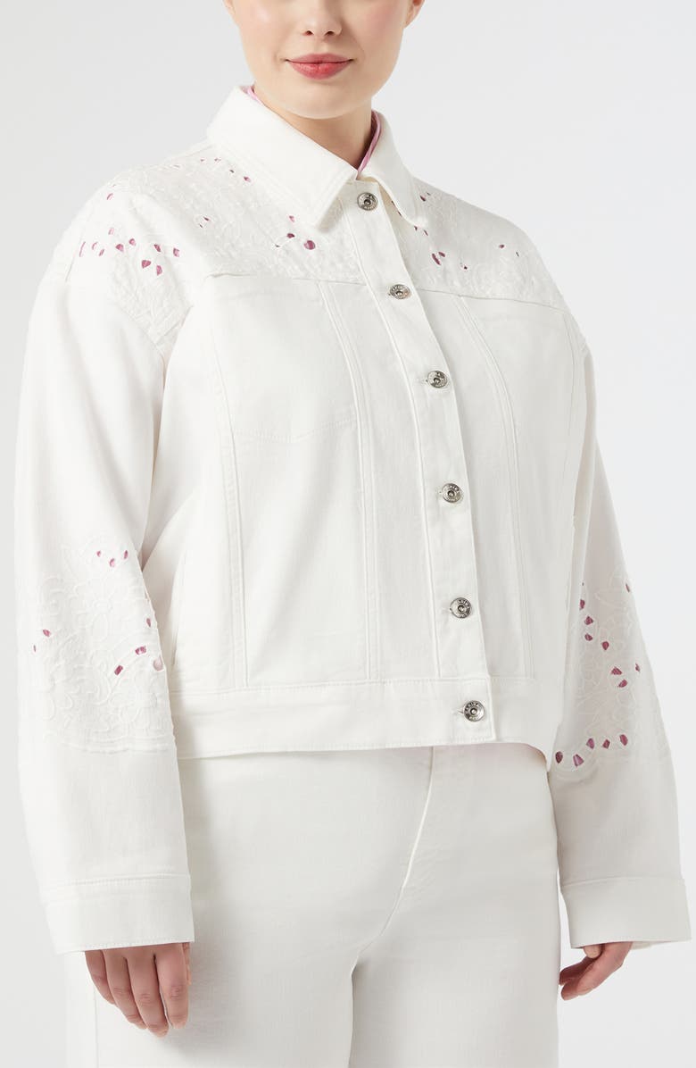Marina Rinaldi Umico Embroidered Crop Denim Jacket, Main, color, Ivory