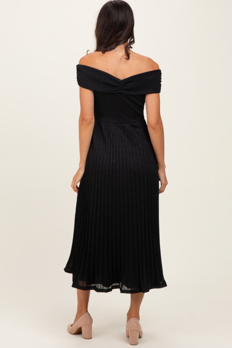 Shimmer Off Shoulder Pleated Midi Dress, Alternate, color, Black
