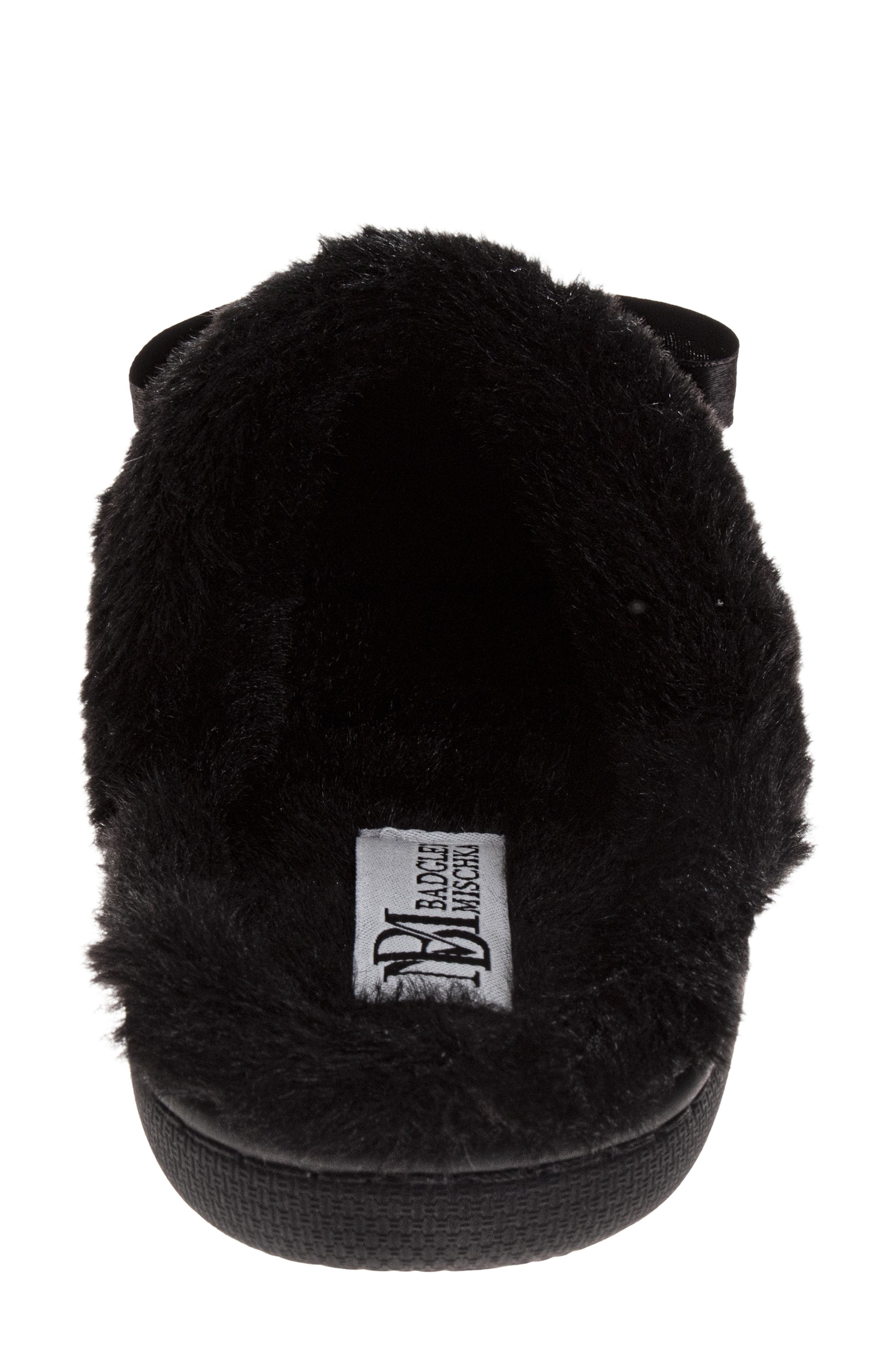 BADGLEY MISCHKA Faux Fur Rhinestone Scuff Slipper, Alternate, color, Black