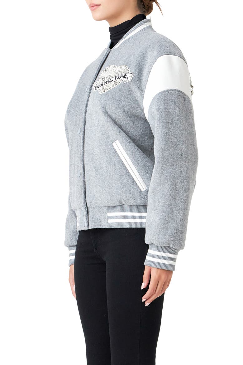 Beaded Patch Detail Bomber Jacket, Alternate, color, HEATHER GREY