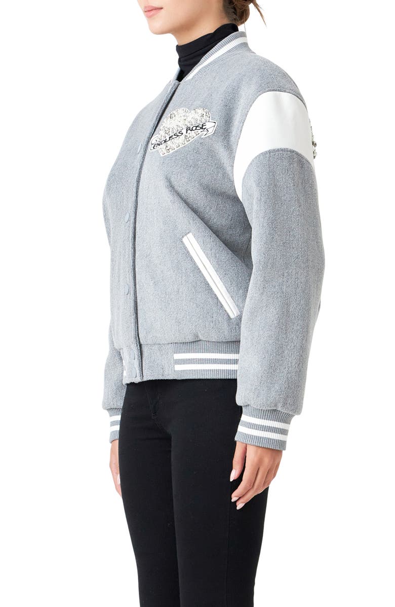 Endless Rose Beaded Patch Detail Bomber Jacket, Alternate, color, Heather Grey
