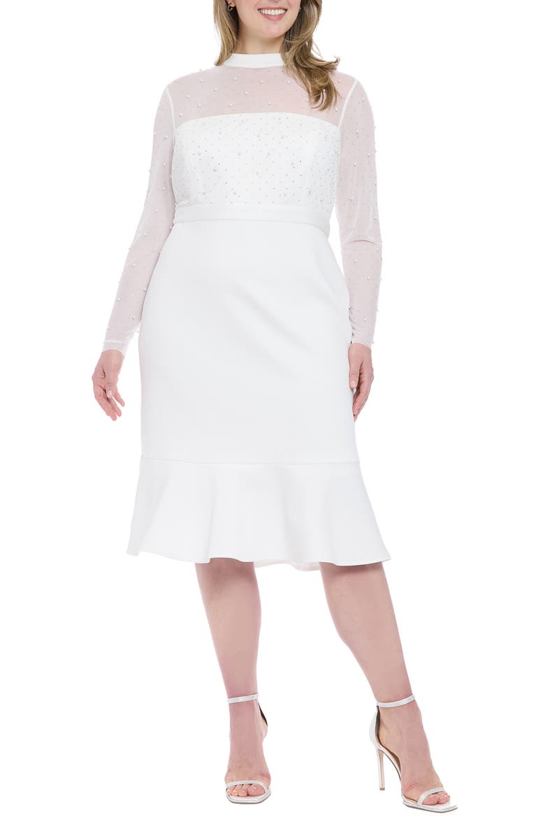 Long Sleeve Faux Pearl Illusion Midi Dress, Main, color, IVORY