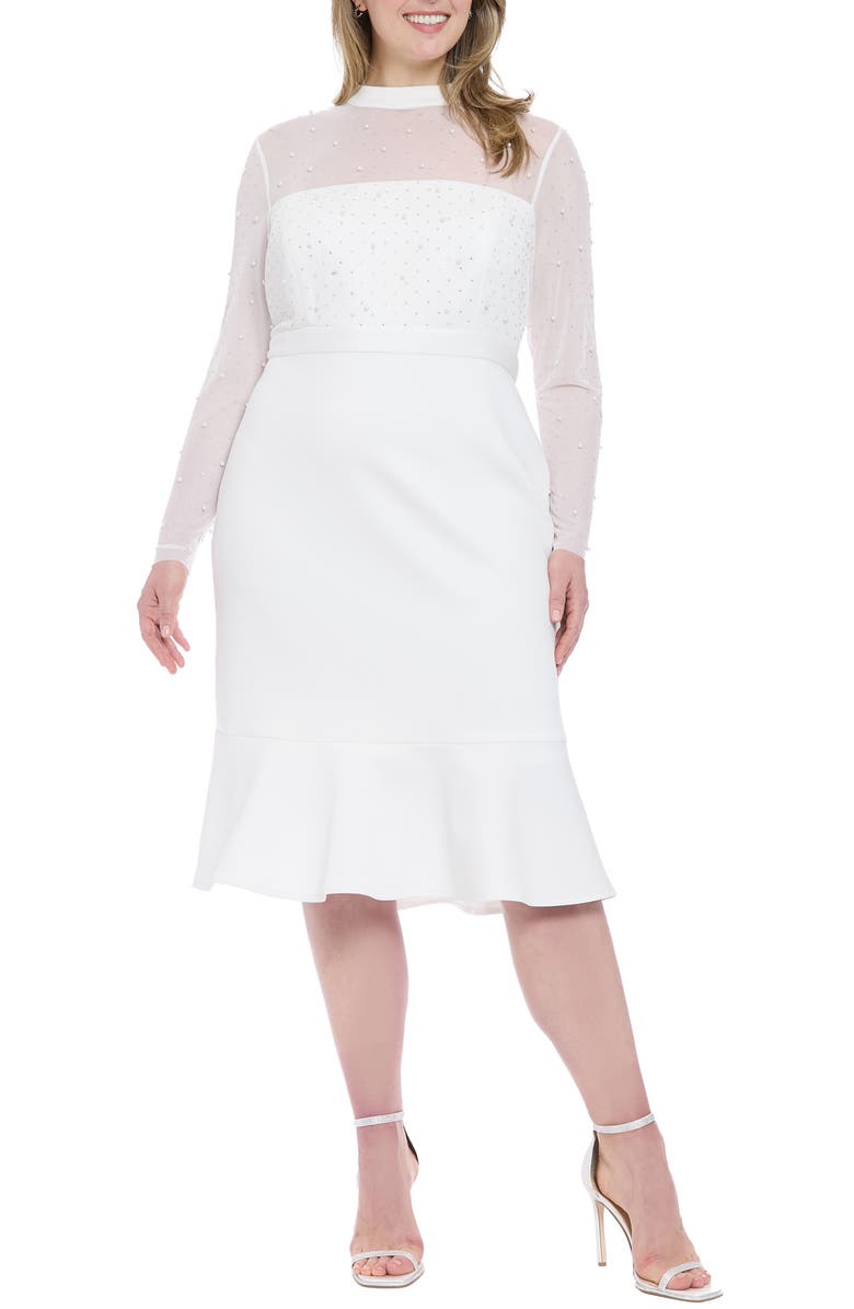 London Times Long Sleeve Faux Pearl Illusion Midi Dress, Main, color, Ivory