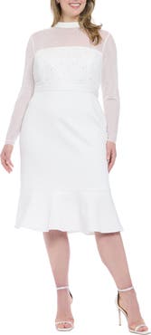 London Times Long Sleeve Faux Pearl Illusion Midi Dress