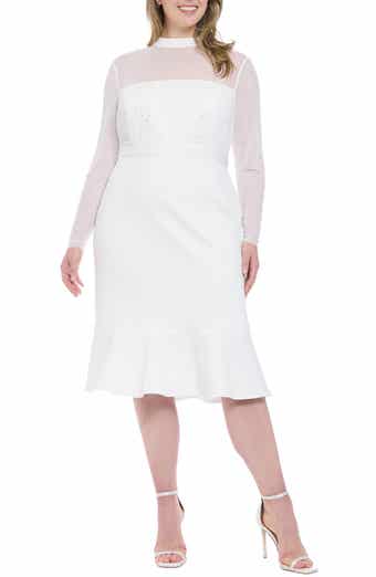 London Times Long Sleeve Faux Pearl Illusion Midi Dress