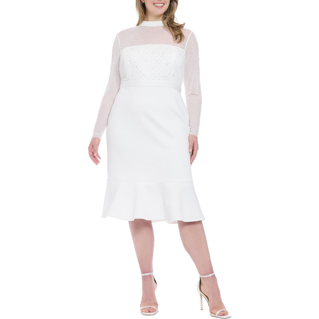 London Times Embellished Illusion Long Sleeve Midi Dress In White