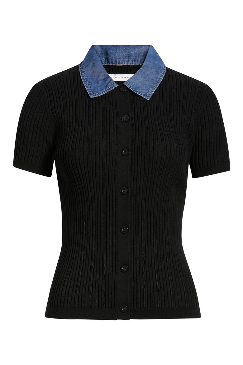 The Remington Denim Collar Short Sleeve Cardigan, Alternate, color, NOIR/ DENIM