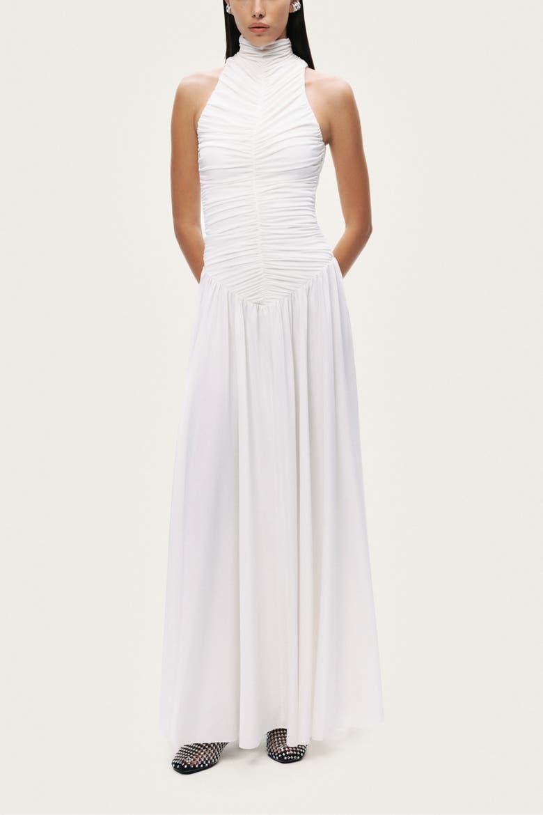 Ruched High-Neck Maxi Dress, Main, color, White