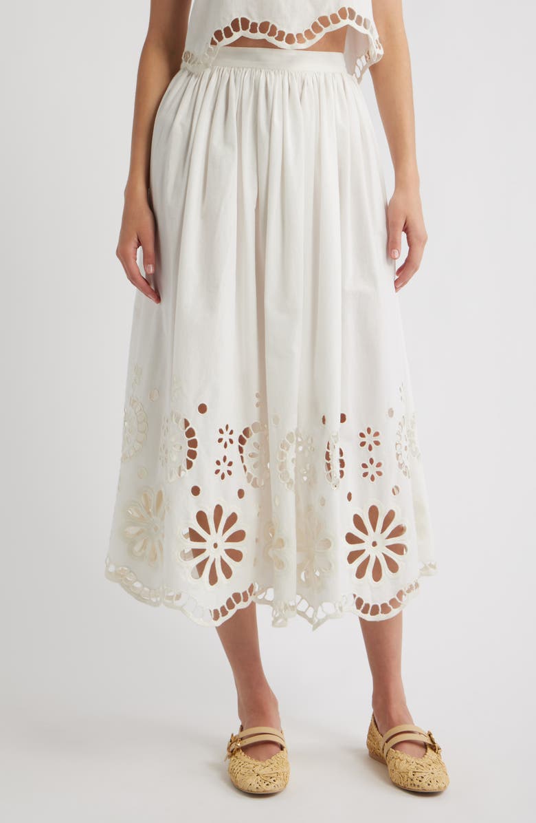 THE GREAT. The Super Bloom Eyelet Midi Skirt, Main, color, White