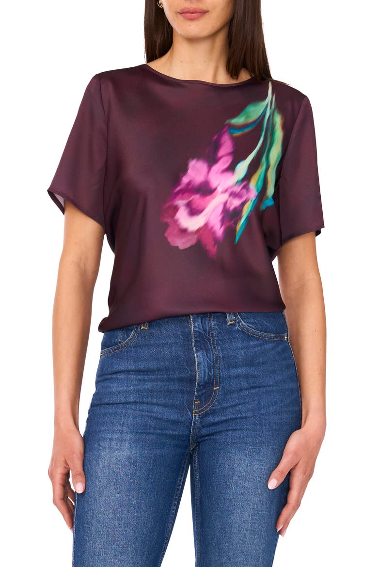 Crewneck Short Sleeve Satin Top, Main, color, GRAPE WINE