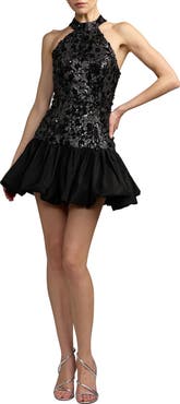 Mac Duggal Beaded Lace Mock Neck Bubble Hem Mini Dress