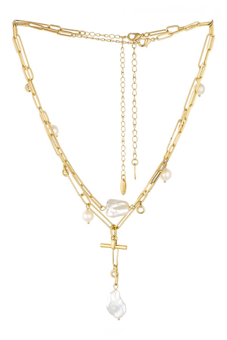 Set of 2 Pearl & Crystal Necklaces, Main, color, GOLD