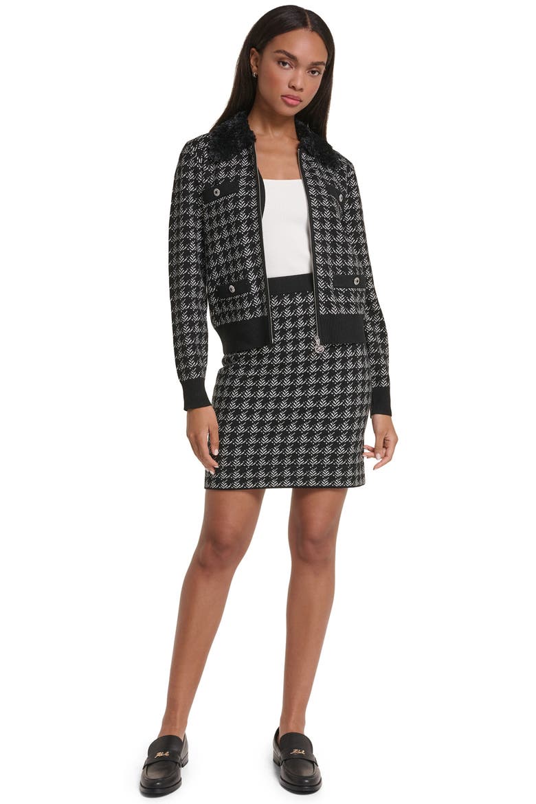 Faux Fur Collar Zip Front Cardigan, Alternate, color, BLACK/ SOFT WHITE