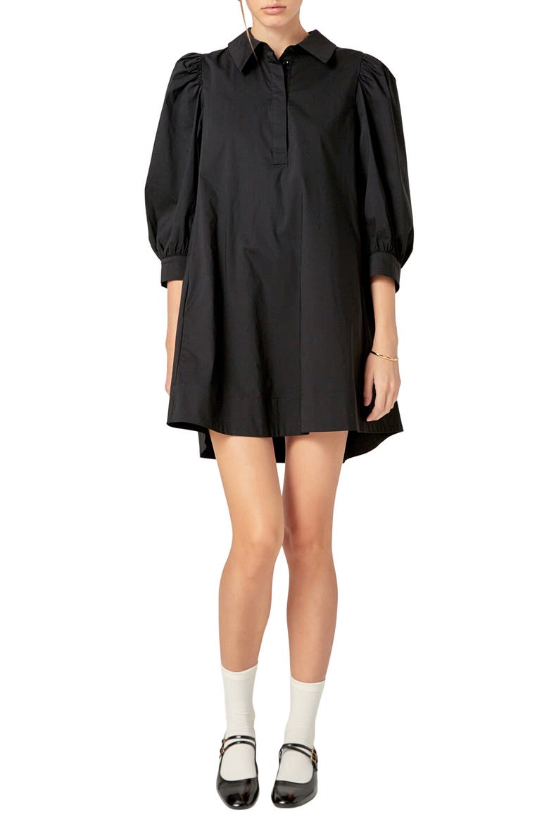 Puff Sleeve Mini Shirtdress, Main, color, BLACK