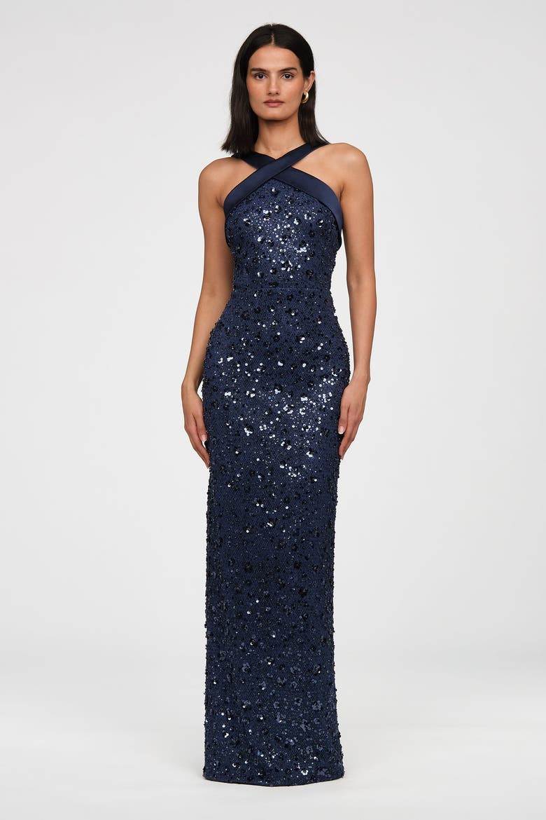 Kiki Beaded Column Gown, Main, color, Nautical Navy