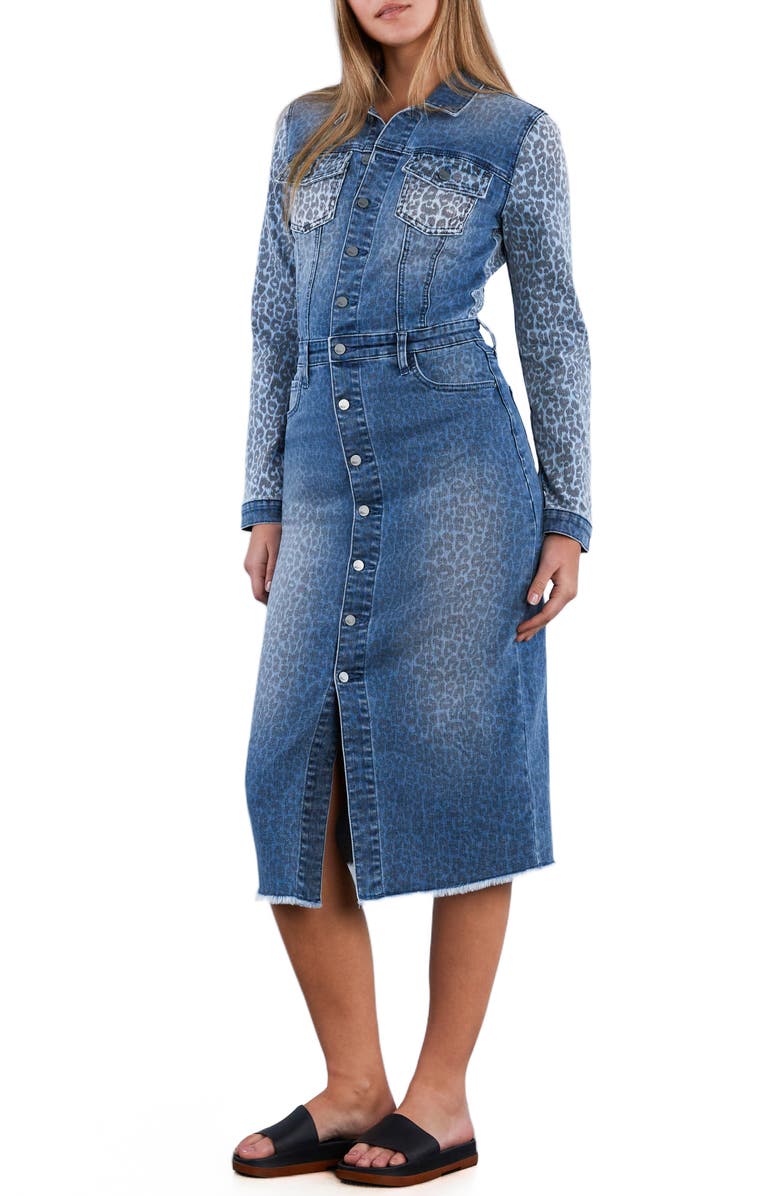 Wash Lab Denim Animal Print Long Sleeve Denim Midi Shirtdress, Alternate, color, Mixed Denim Leopard