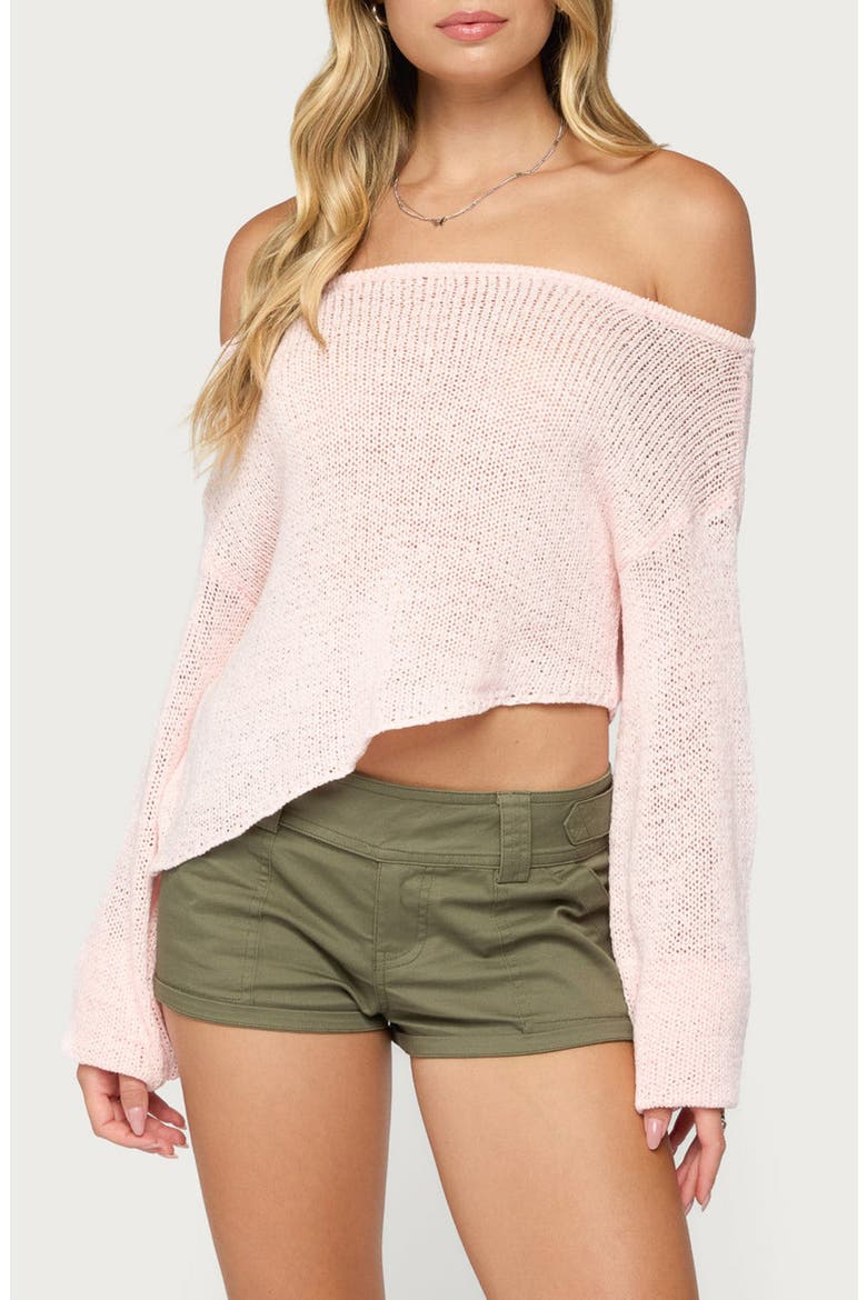 Deja Off the Shoulder Asymmetric Sweater, Main, color, LIGHT-PINK