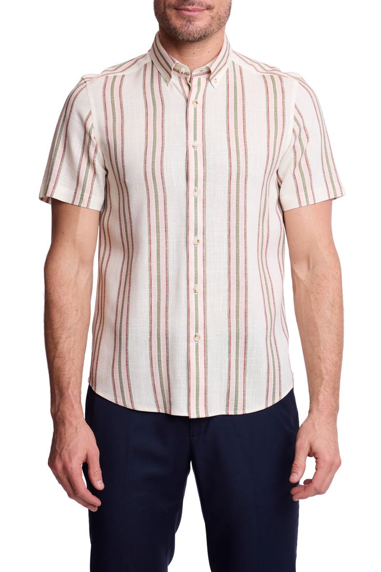 Brian Short Sleeve Linen Blend Button-Down Shirt, Main, color, OLIVE ROSE STRIPE