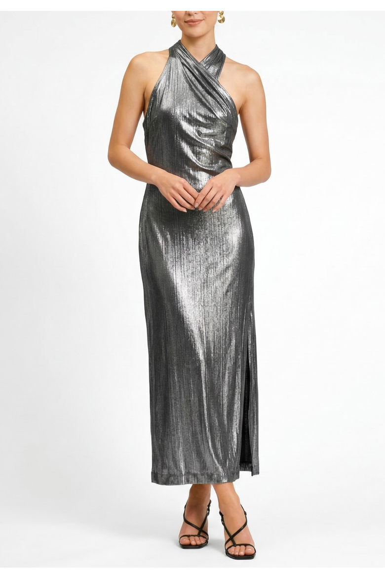 Harland Crossover Halter Maxi Dress, Main, color, Silver