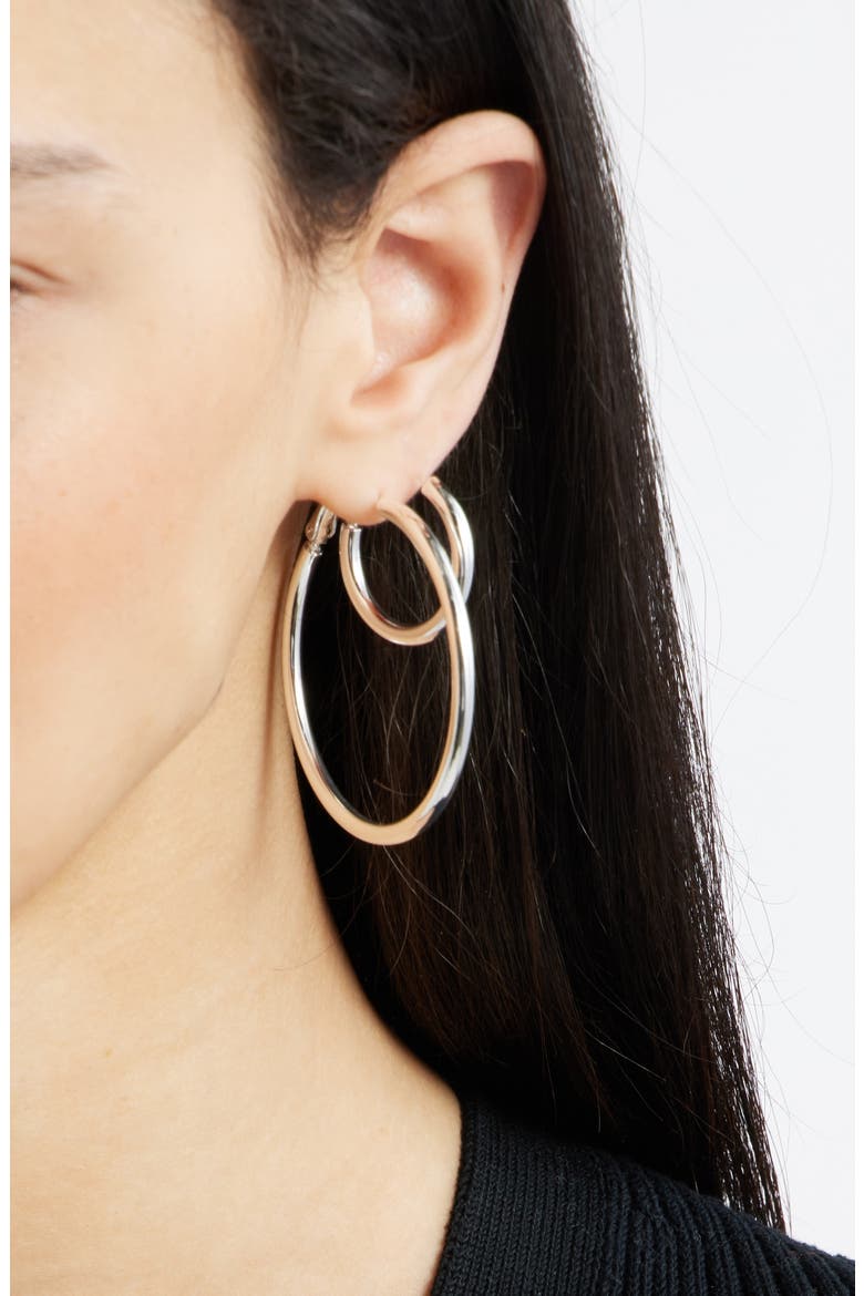 Set of 3 Medium Essential Hoop Earrings, Alternate, color, SILVER