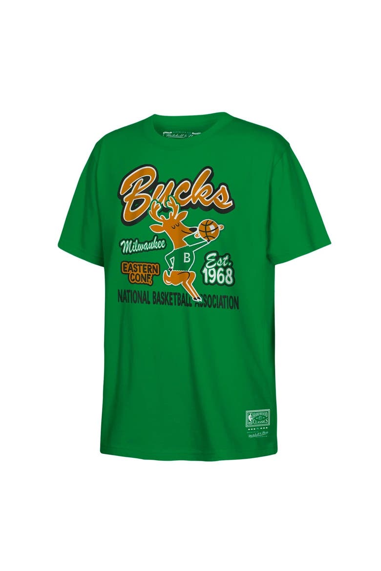 Youth Mitchell & Ness Kelly Green Milwaukee Bucks Retro Mascot Script T-Shirt, Alternate, color, Kelly Green