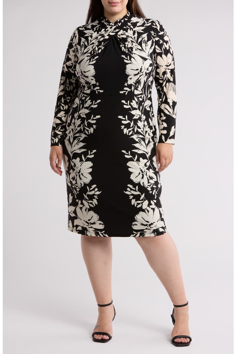Long Sleeve Crisscross Midi Dress, Main, color, BLACK/ CREAM