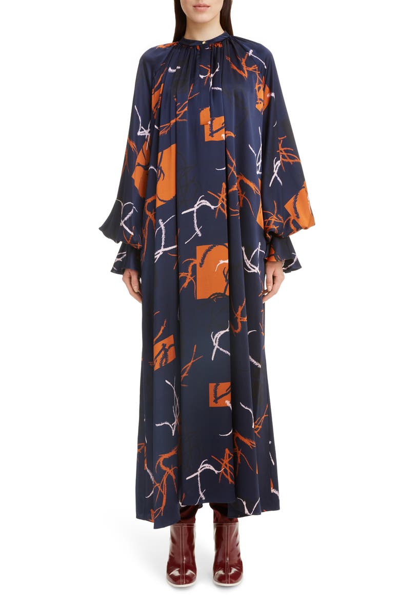 Print Long Sleeve Silk Satin Dress, Main, color, MIDNIGHT