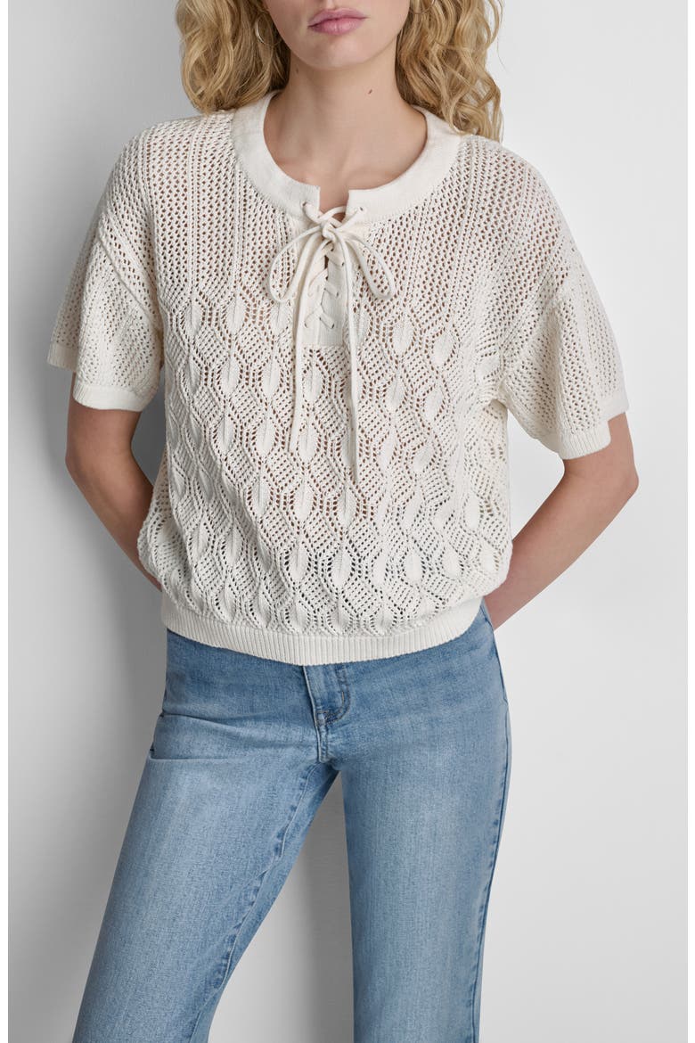 Lace-Up Placket Short Sleeve Semisheer Cotton Blend Pointelle Sweater, Main, color, COCONUT