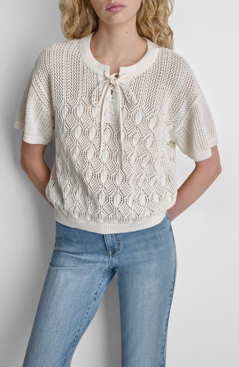 Lace-Up Placket Short Sleeve Semisheer Cotton Blend Pointelle Sweater