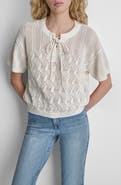 DKNY Lace-Up Placket Short Sleeve Semisheer Cotton Blend Pointelle Sweater