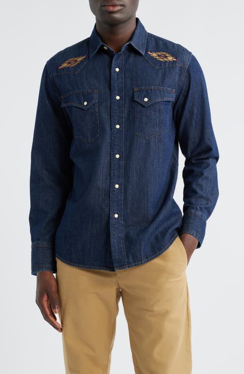 Gambler Embroidered Snap-Up Denim Shirt