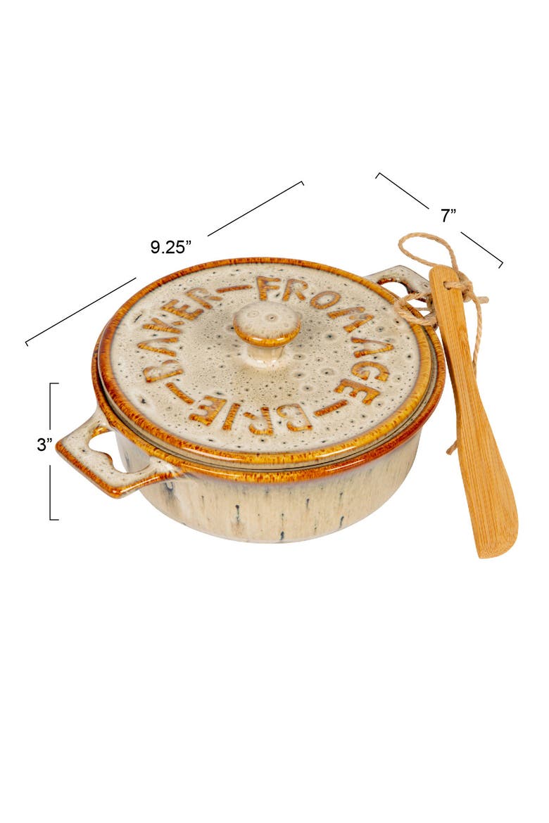 9 Inches Stoneware Brie Baker with Wood Canapé Spreader Knife, Alternate, color, Brown