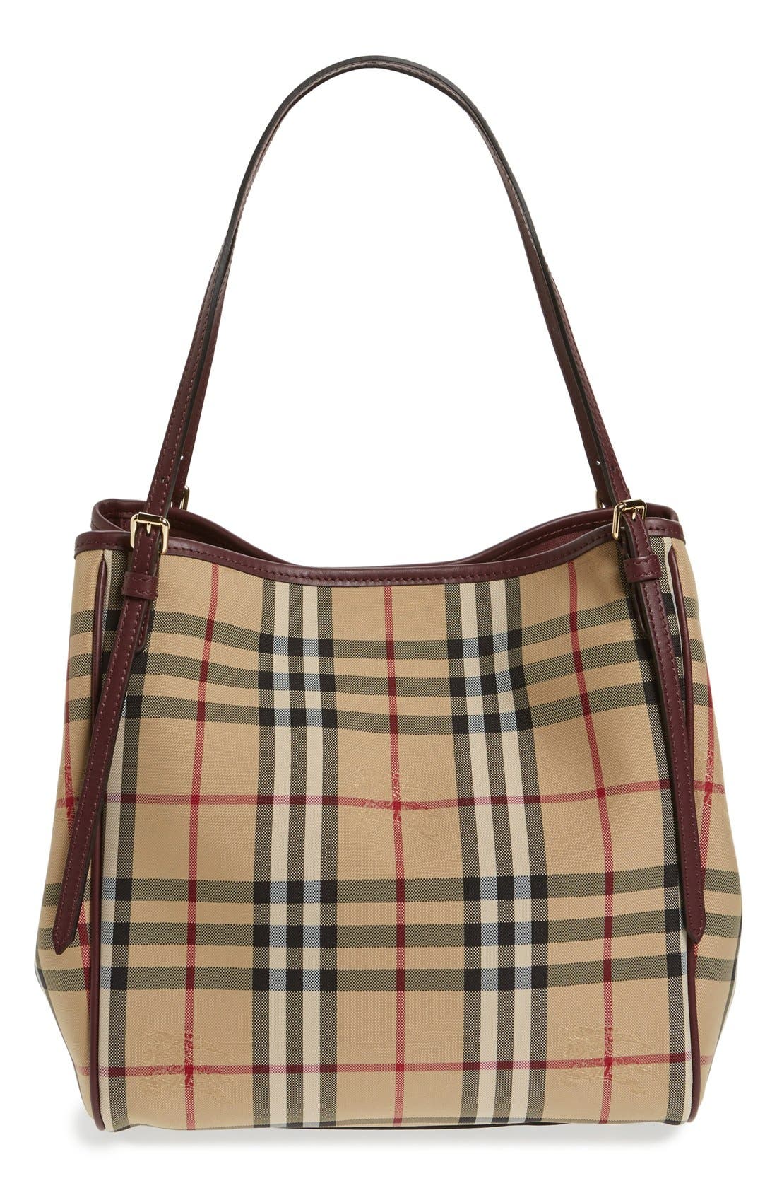 Burberry 'Small Canter' Horseferry Check & Leather Tote, Main, color, 