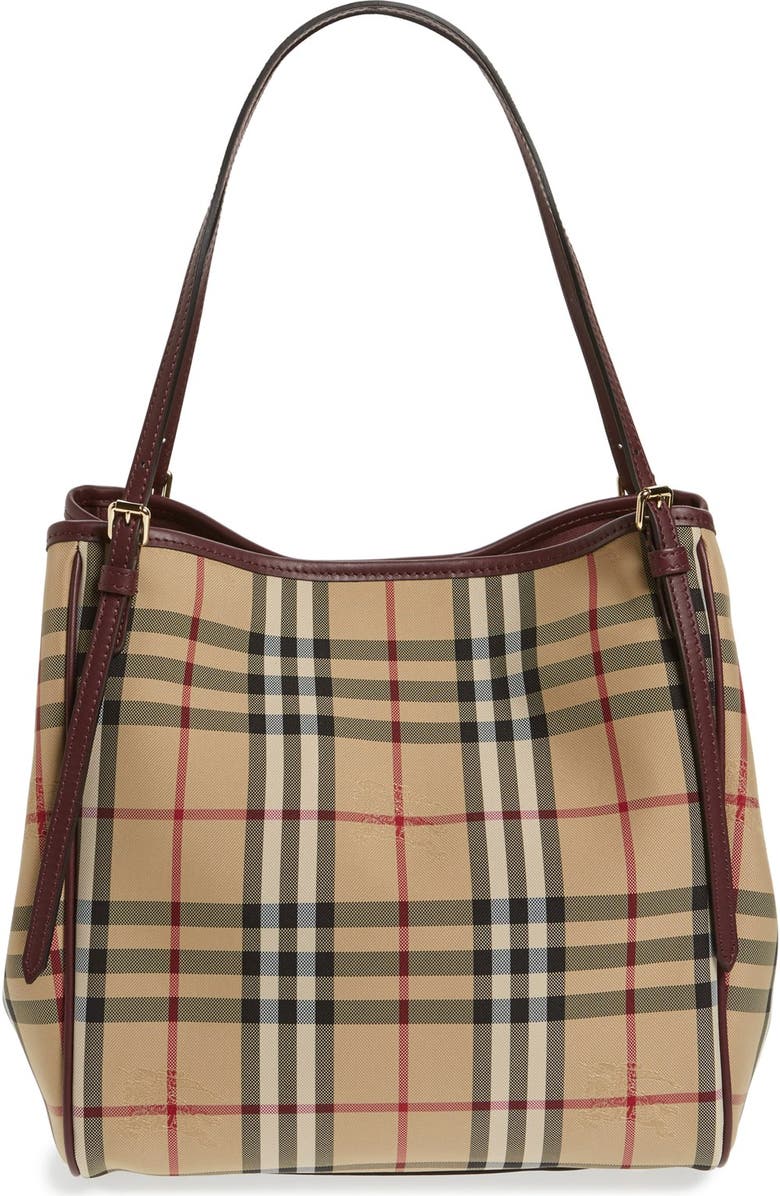 Burberry 'Small Canter' Horseferry Check & Leather Tote, Main, color,