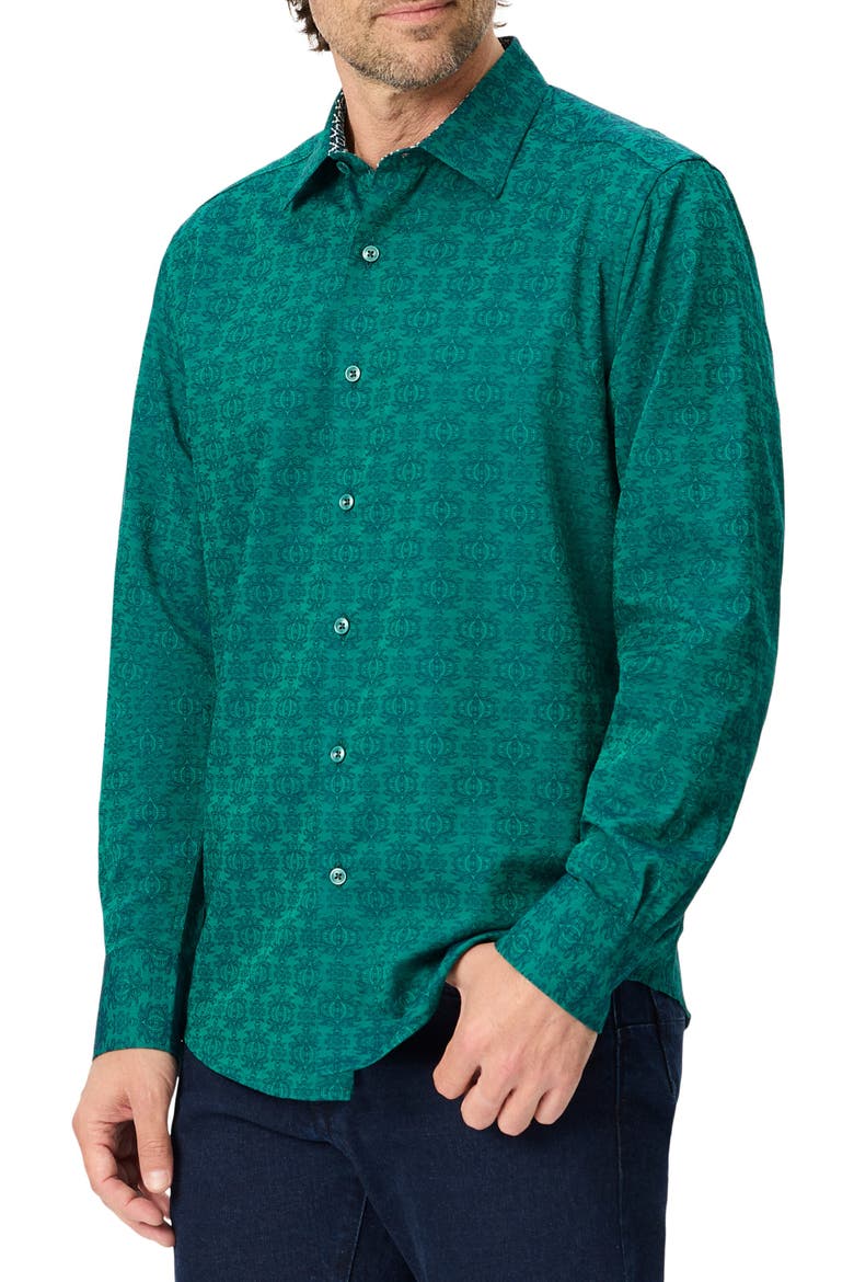 Patterned Long Sleeve Button Up Shirt, Main, color, EVERGREEN