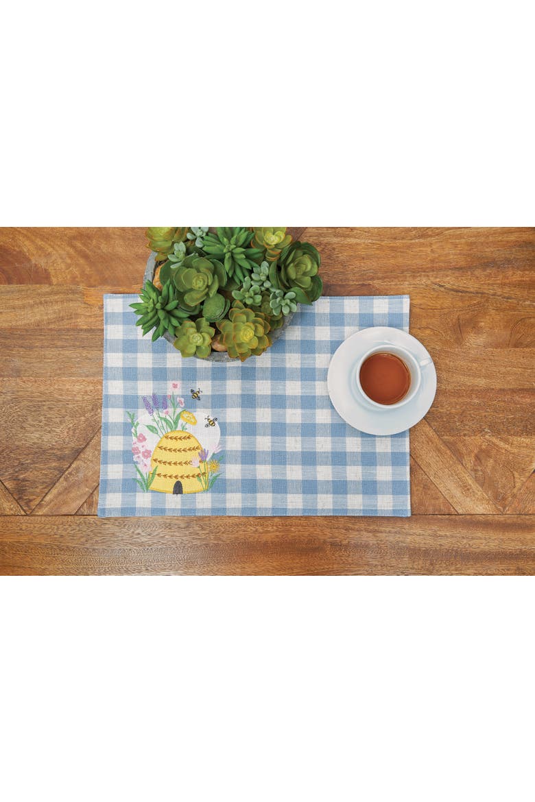 Bee Happy Bee Hive Gingham Plaid Blue Cotton Blend Set of 6 Placemats 13" x 16", Alternate, color, Blue