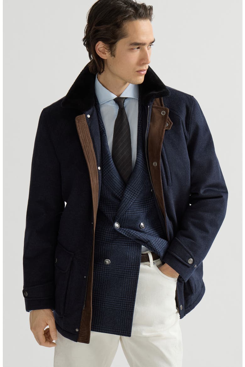 Bonded cashmere beaver cloth field jacket with shearling lining and nappa leather inserts, Alternate, color, Navy Blue