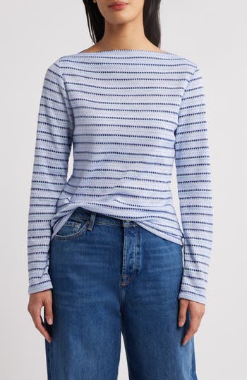 Bobeau Stripe Jacquard Boat Neck Knit Top
