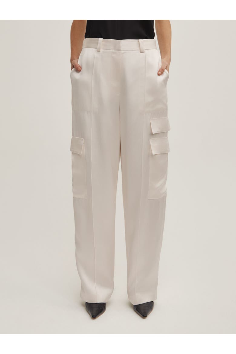 Satin High Rise Cargo Trousers, Main, color, Chalk