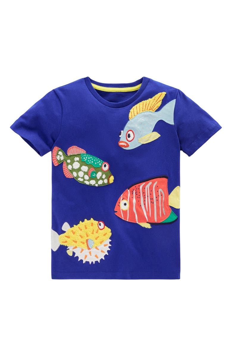 Mini Boden Kids' Fish Appliqué Cotton Graphic T-Shirt, Main, color, 