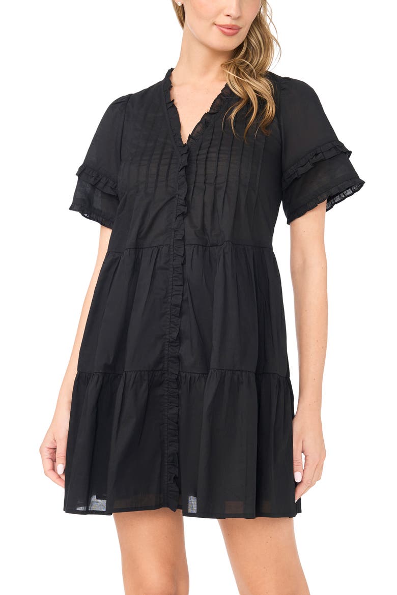 Pintuck Tiered Cotton Dress, Alternate, color, RICH BLACK