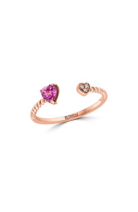 14K Rose Gold Diamond & Pink Sapphire Heart Open Band Ring - 0.01ct.