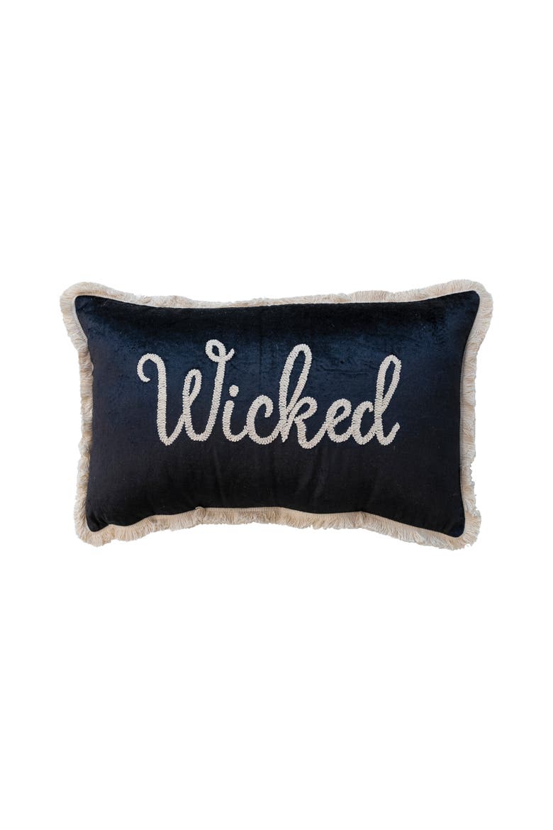 Cotton Velvet Lumbar Pillow w/ Embroidery & Fringe "Wicked", Main, color, Black and Cream Color