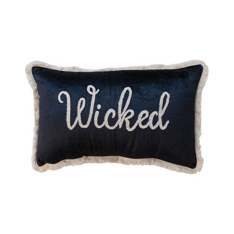 Cotton Velvet Lumbar Pillow w/ Embroidery & Fringe "Wicked"