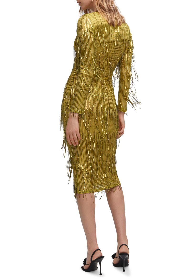 Sequin & Bead Fringe Long Sleeve Dress, Alternate, color, OLIVE GREEN